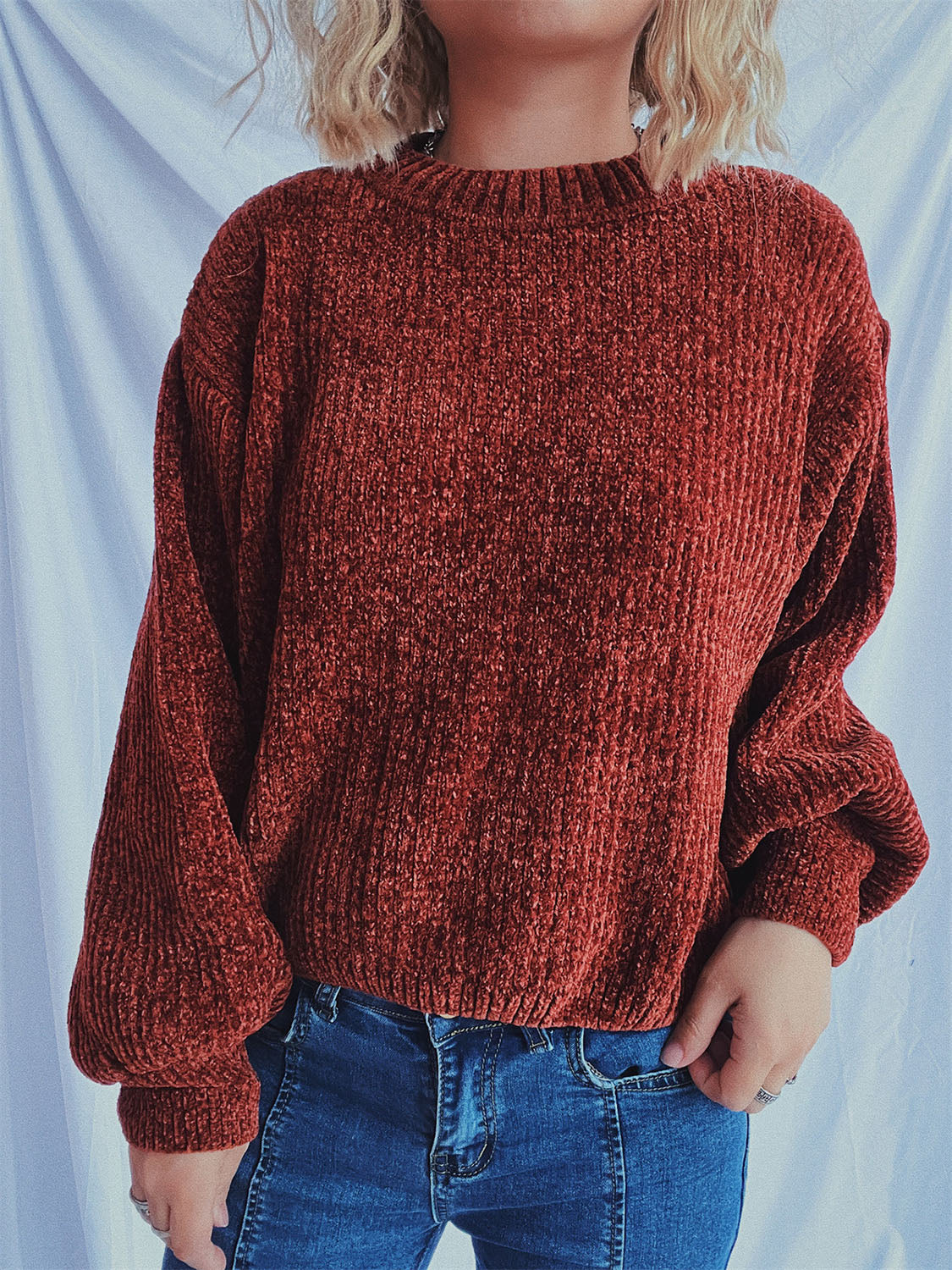 Round Neck Dropped Shoulder Long Sleeve Sweater-Angel Casuals