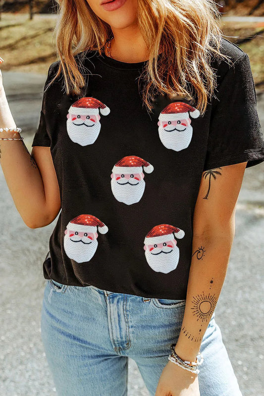 Sequin Santa Round Neck Short Sleeve T-Shirt-Angel Casuals