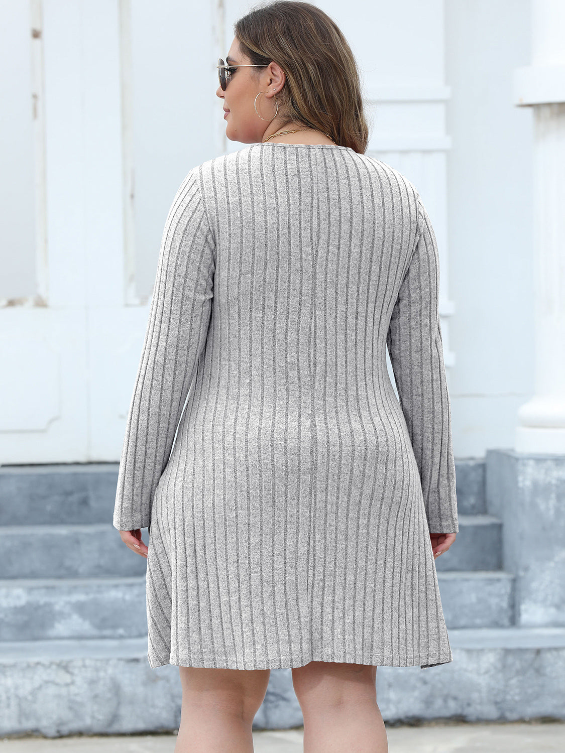 Plus Size Ribbed Buttoned V-Neck Long Sleeve Dress-Angel Casuals