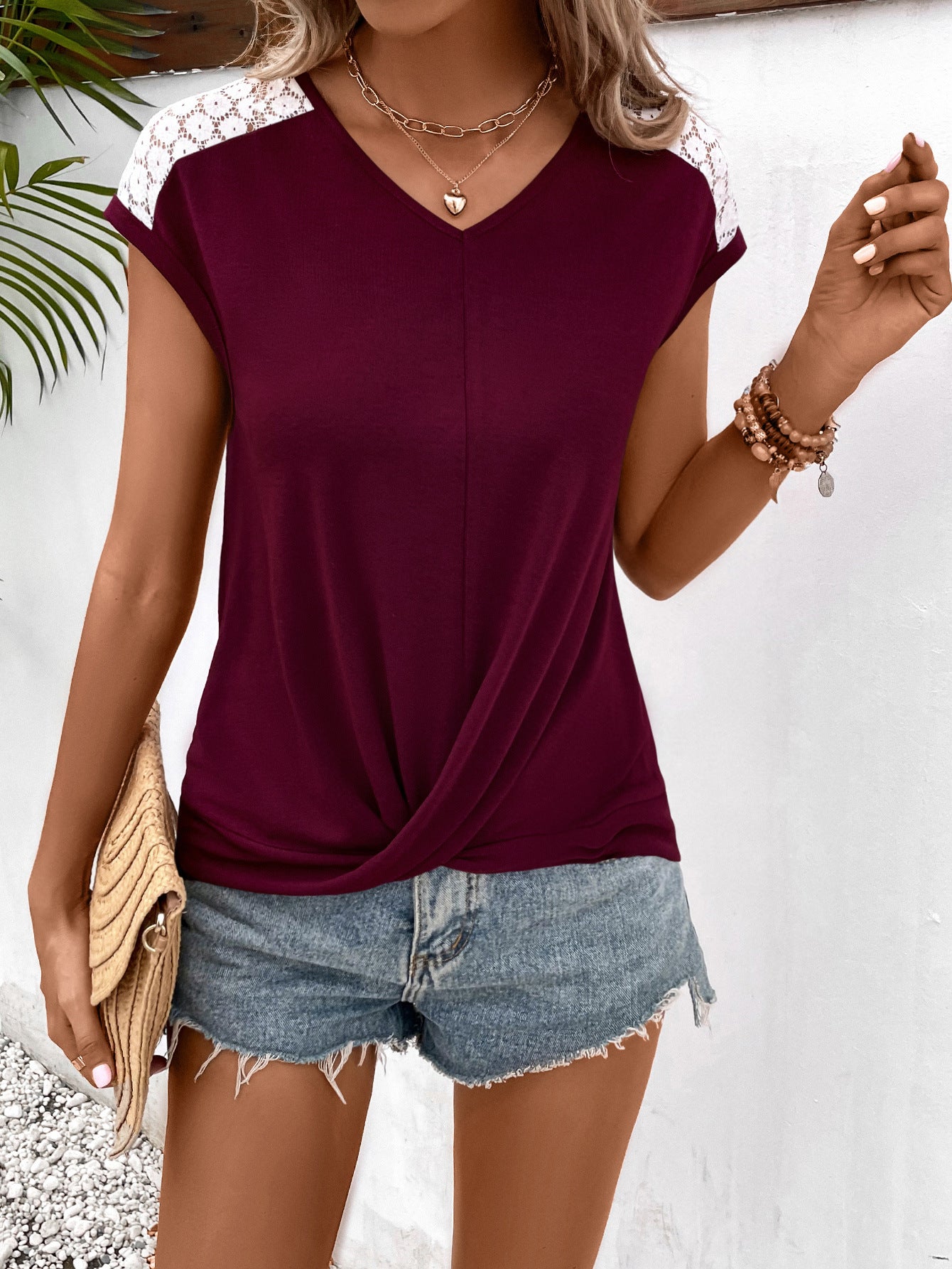 Spliced Lace V-Neck Twisted Hem Tee-Angel Casuals