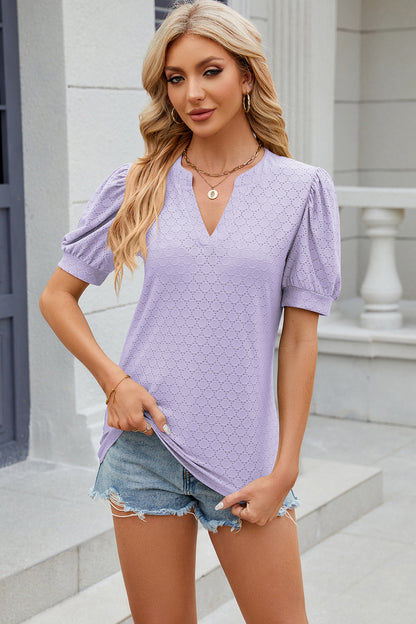 Eyelet Notched Puff Sleeve T-Shirt-Angel Casuals