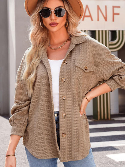Textured Button Up Long Sleeve Shacket-Angel Casuals