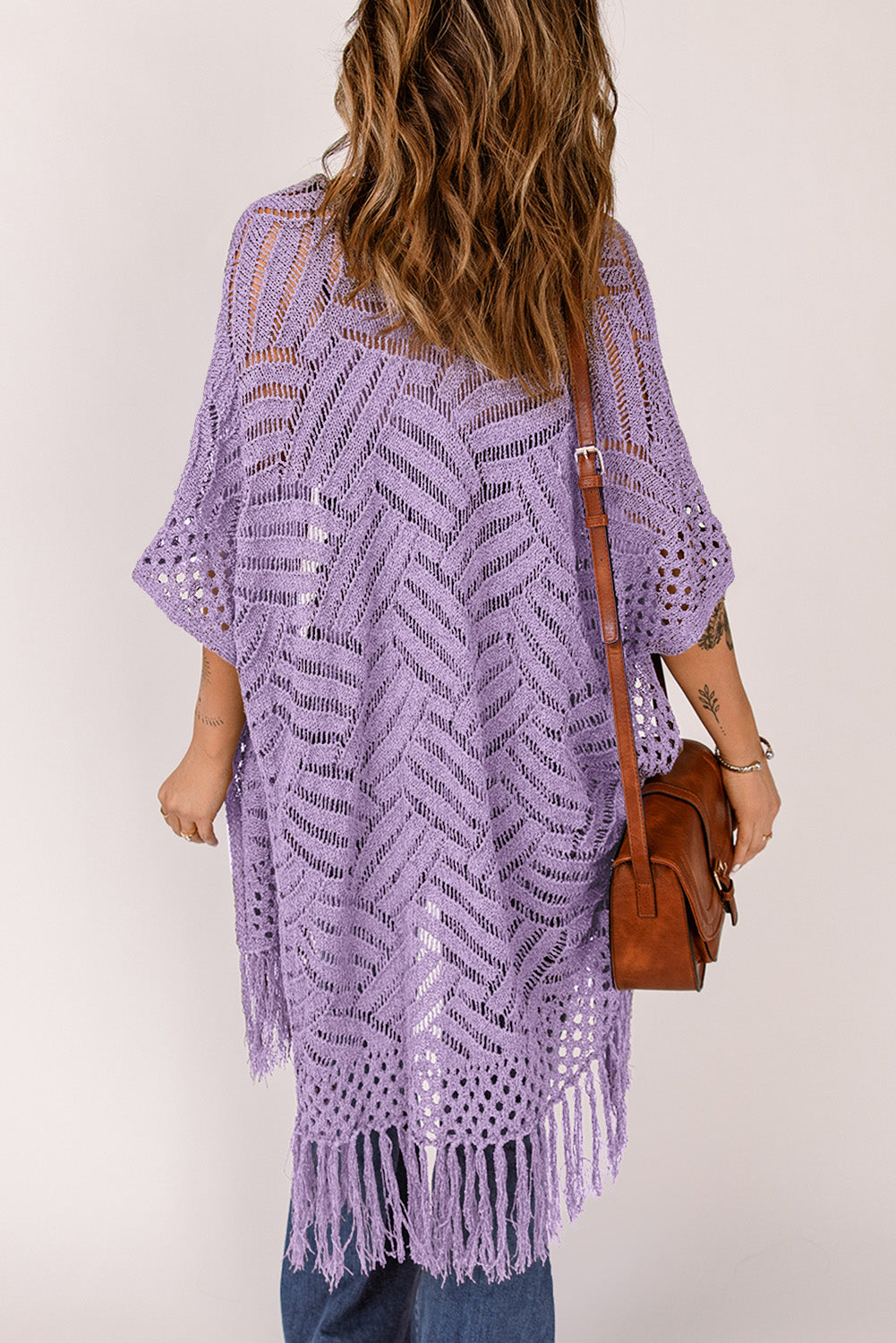 Openwork Open Front Cardigan with Fringes-Angel Casuals