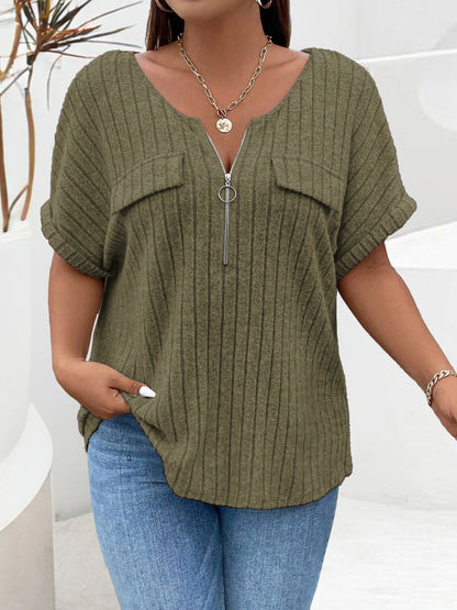Plus Size Half Zip Short Sleeve T-Shirt-Angel Casuals