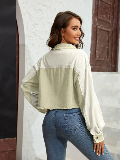 Color Block Crop Jacket with Pockets-Angel Casuals
