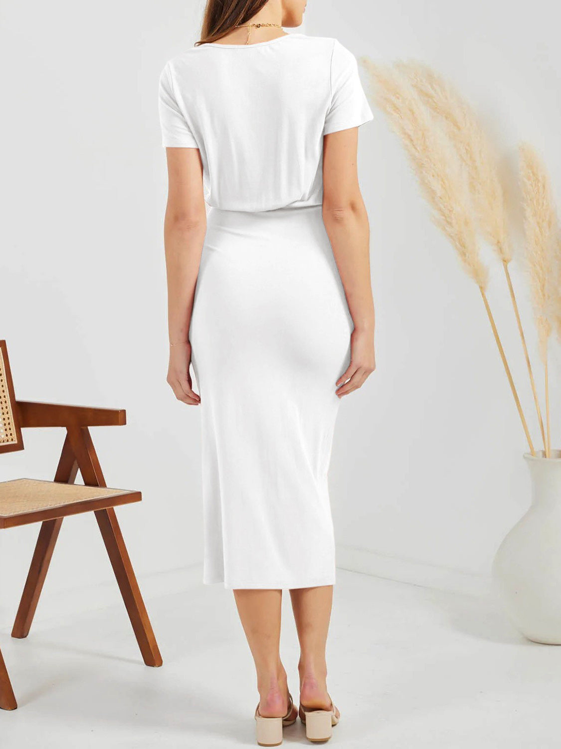 Ruched Slit V-Neck Short Sleeve Dress-Angel Casuals