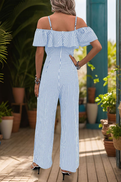 Ruffled Striped Short Sleeve Jumpsuit-Angel Casuals