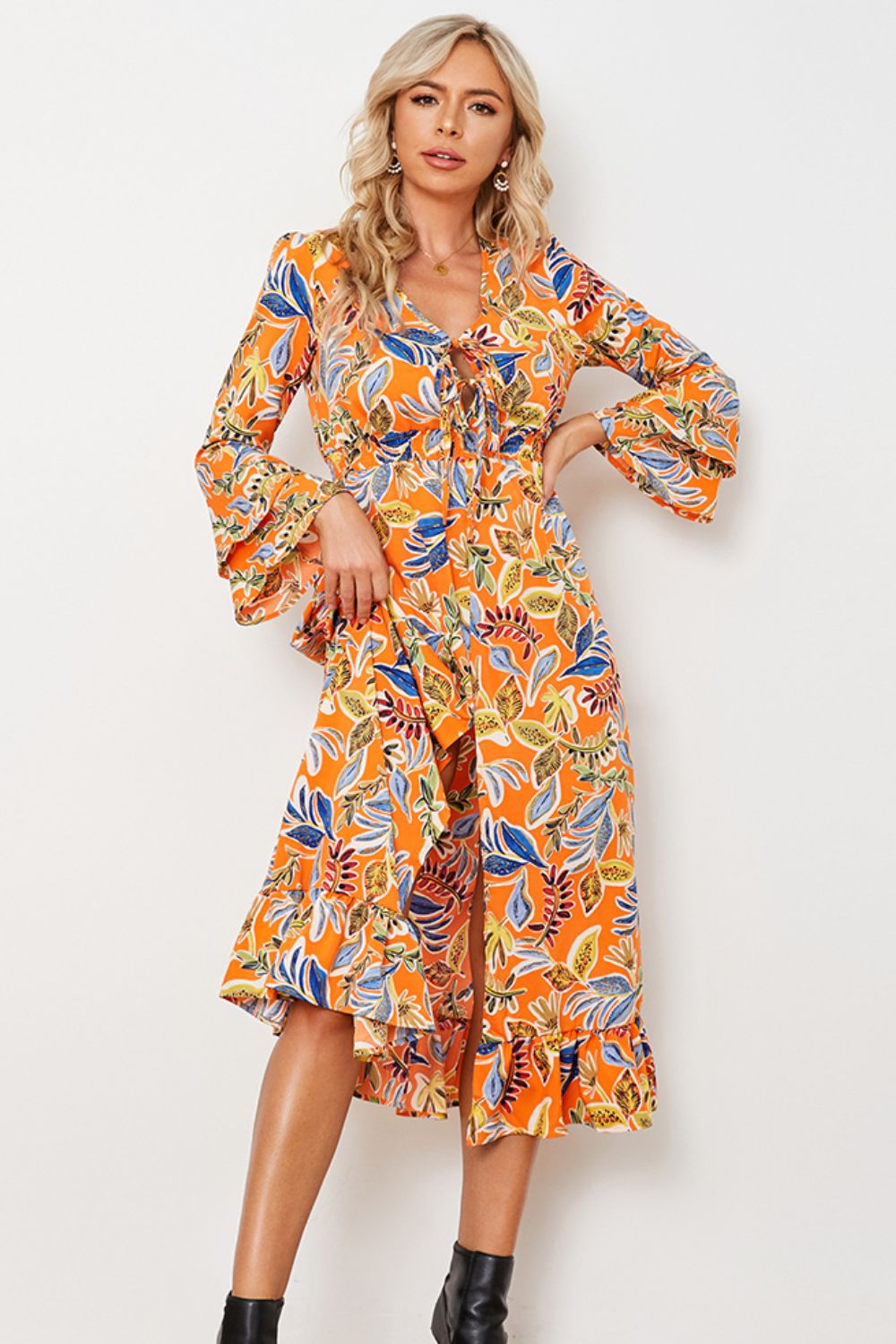 Printed Layered Flare Sleeve Split Tied Dress-Angel Casuals