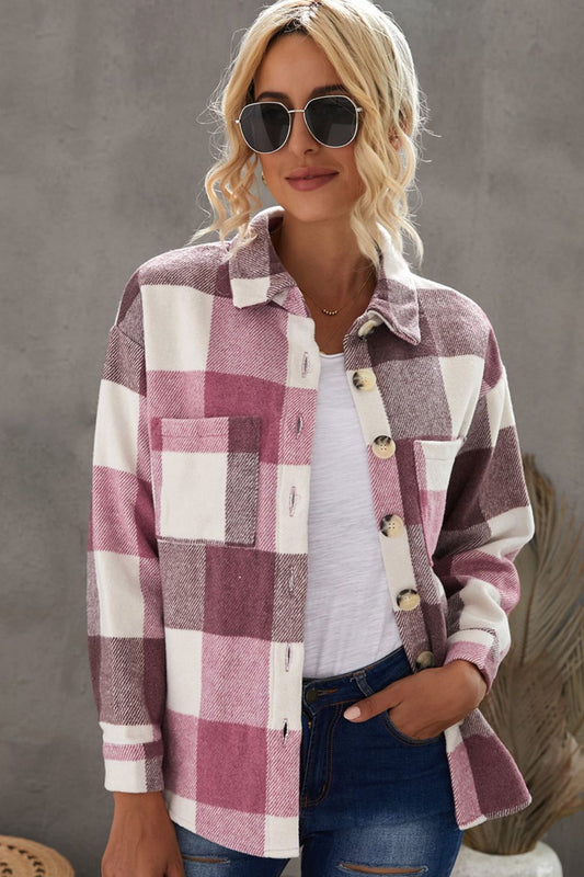 Plaid Button Up Dropped Shoulder Jacket-Angel Casuals