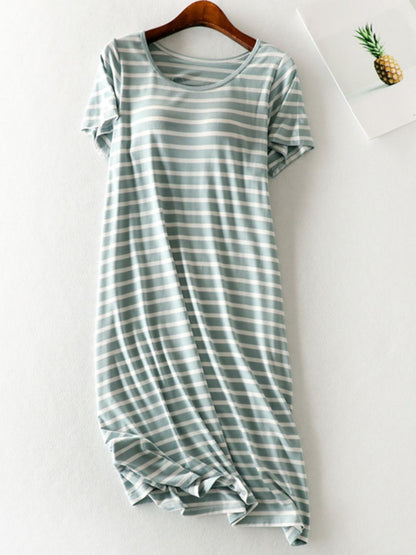 Striped Round Neck Short Sleeve Dress-Angel Casuals