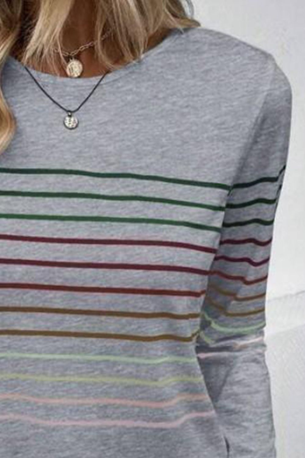 Striped Round Neck Long Sleeve T-Shirt-Angel Casuals