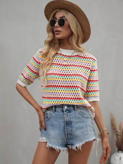 Striped Openwork Half Sleeve Knit Top-Angel Casuals