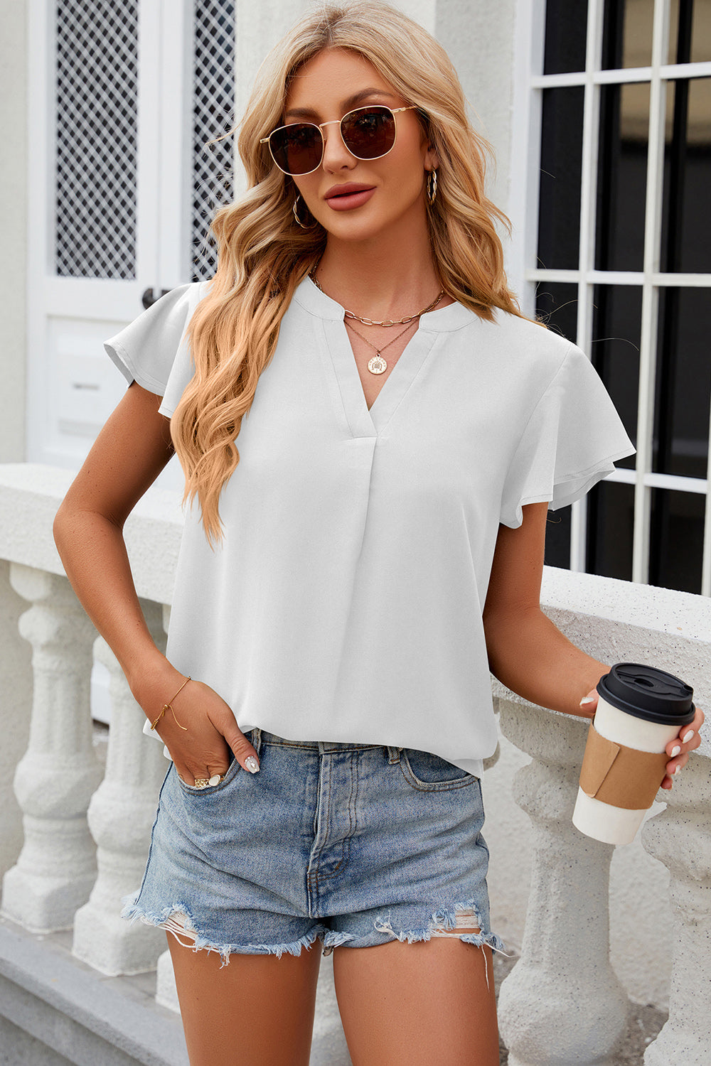 Notched Cap Sleeve T-Shirt-Angel Casuals