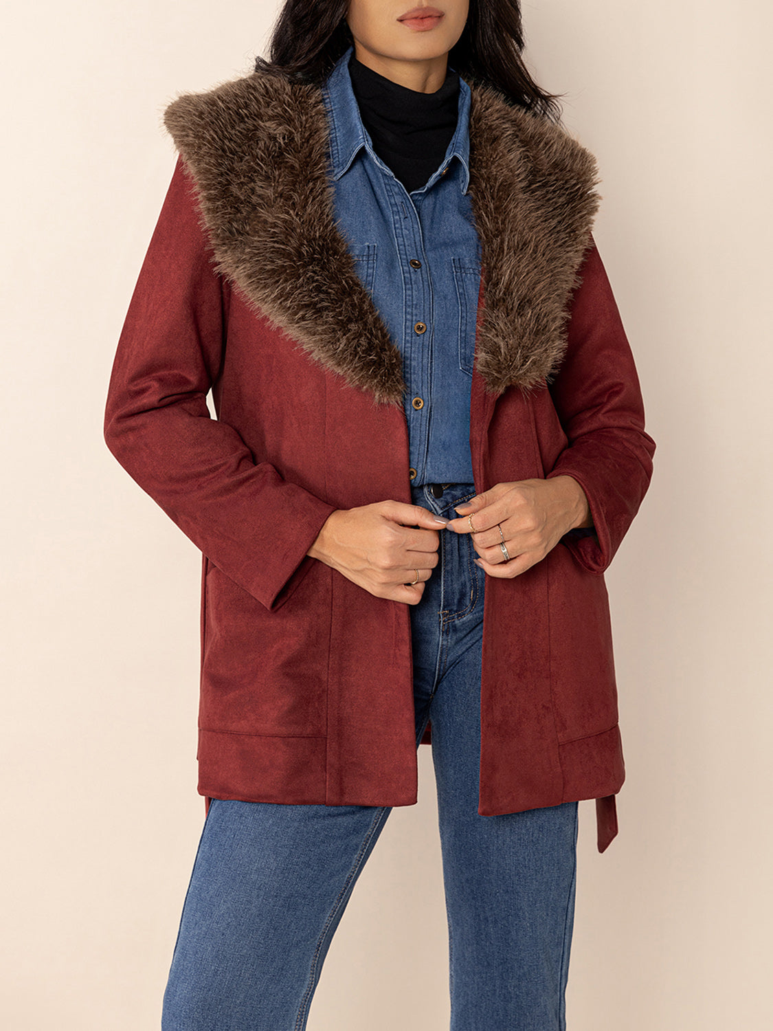 Fuzzy Collared Neck Tie Waist Jacket-Angel Casuals