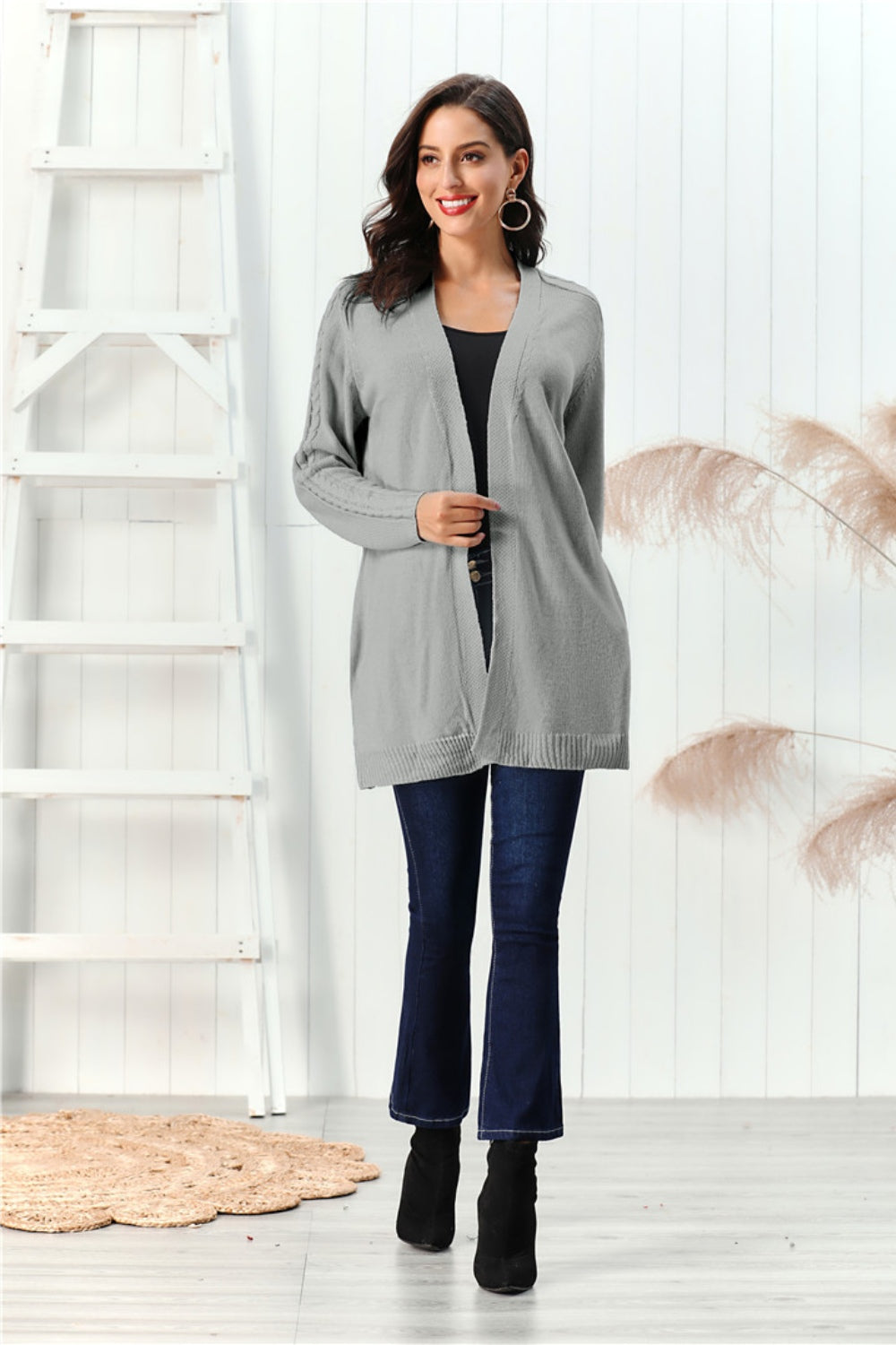 Cable-Knit Open Front Long Sleeve Cardigan-Angel Casuals
