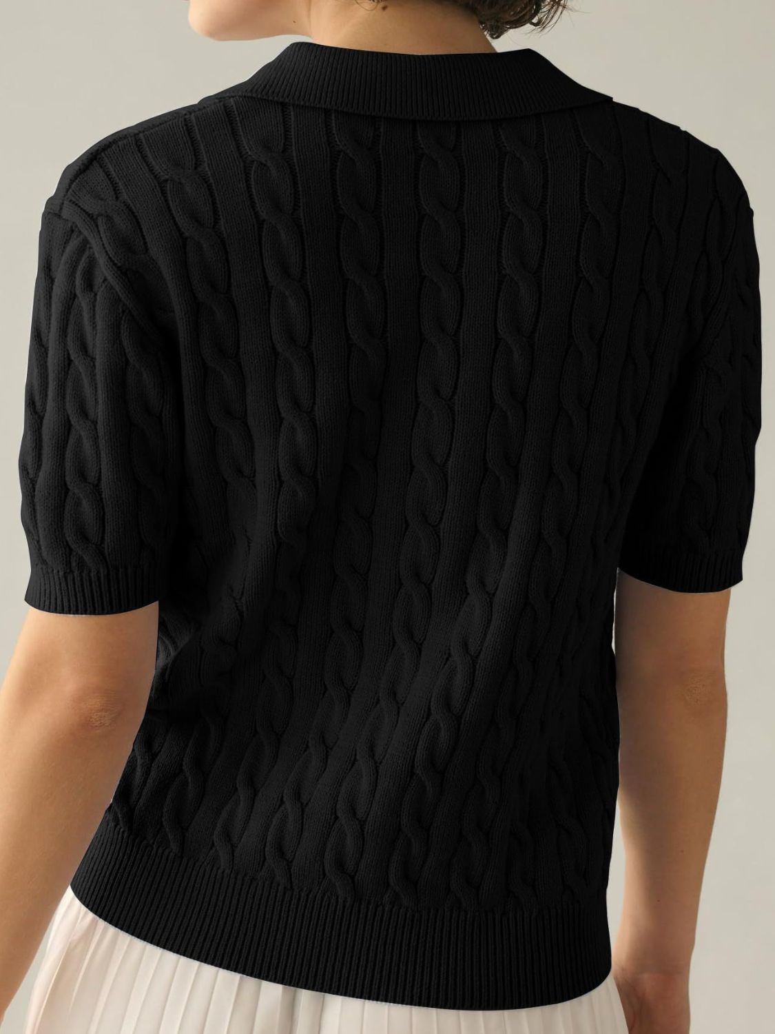 Cable-Knit Collared Neck Half Sleeve Sweater-Angel Casuals