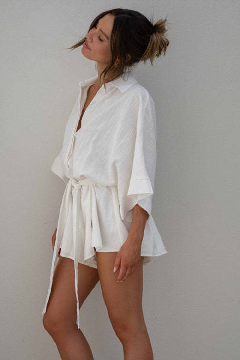 Tied Button Up Collared Neck Romper-Angel Casuals