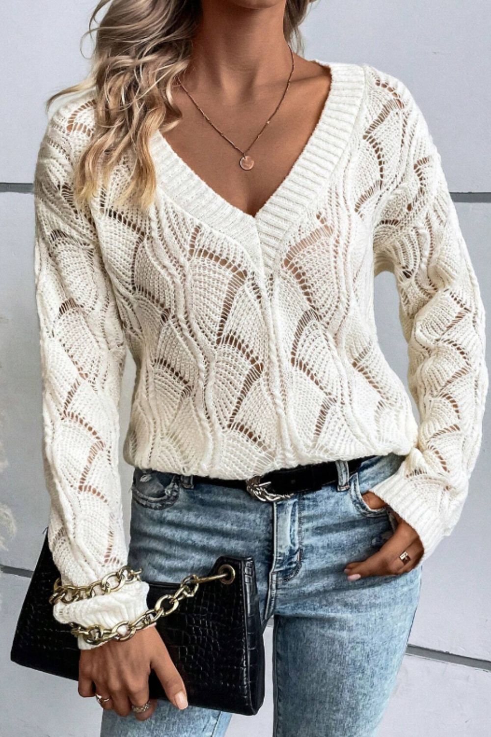 Openwork V-Neck Long Sleeve Sweater-Angel Casuals