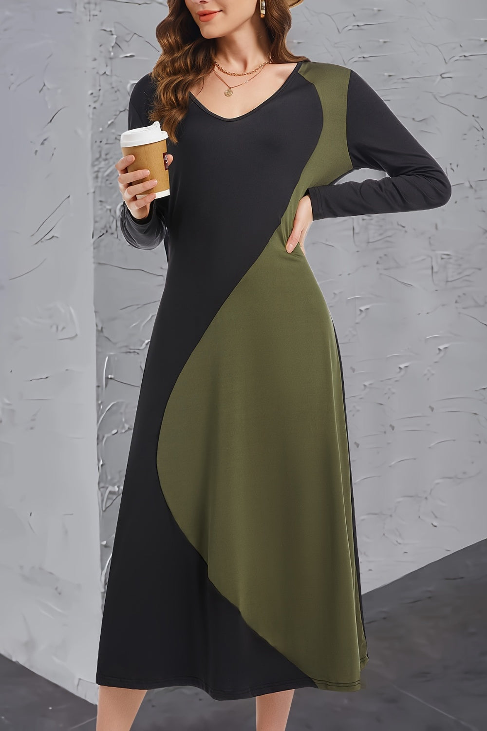 Contrast Long Sleeve Midi Dress-Angel Casuals