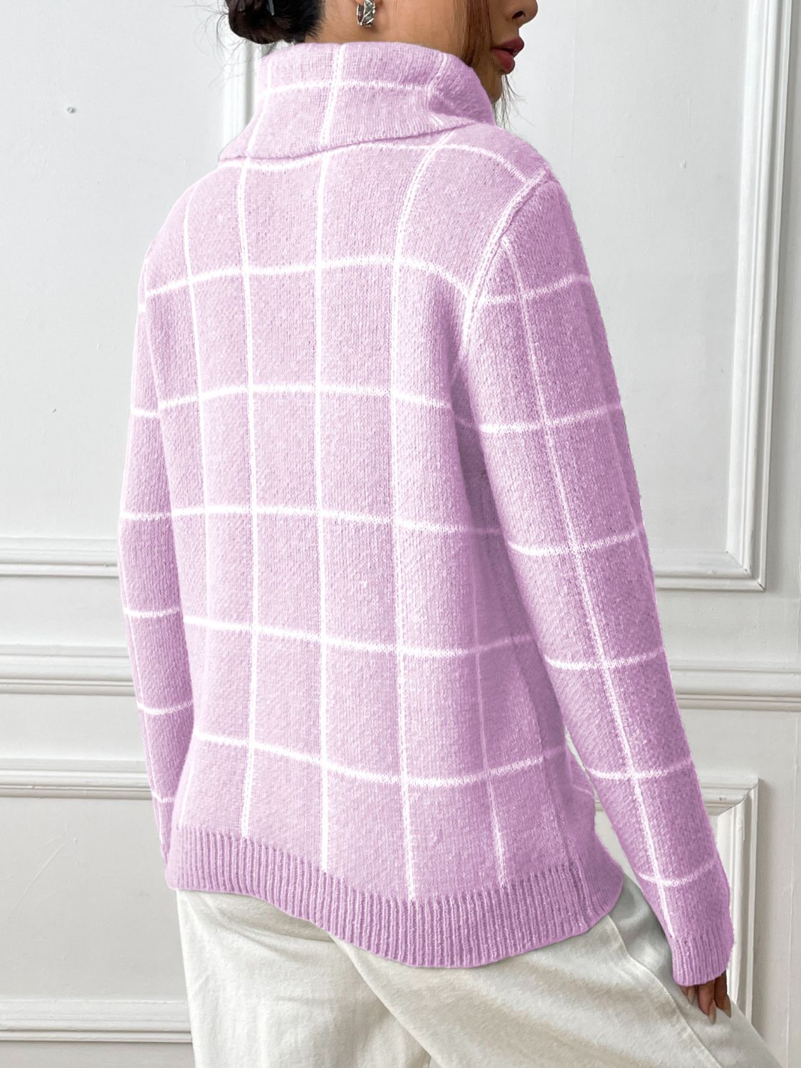 Plaid Turtleneck Long Sleeve Sweater-Angel Casuals