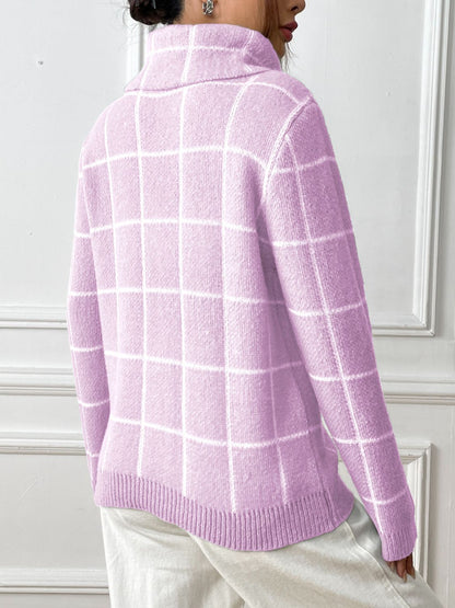Plaid Turtleneck Long Sleeve Sweater-Angel Casuals