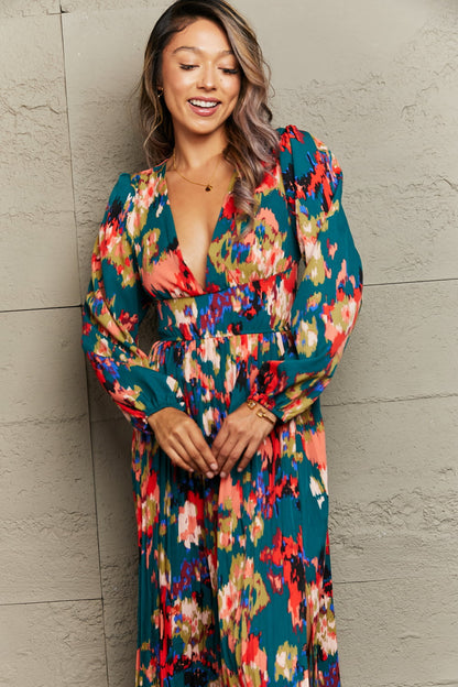 Printed Deep V Slit Pleated Dress-Angel Casuals