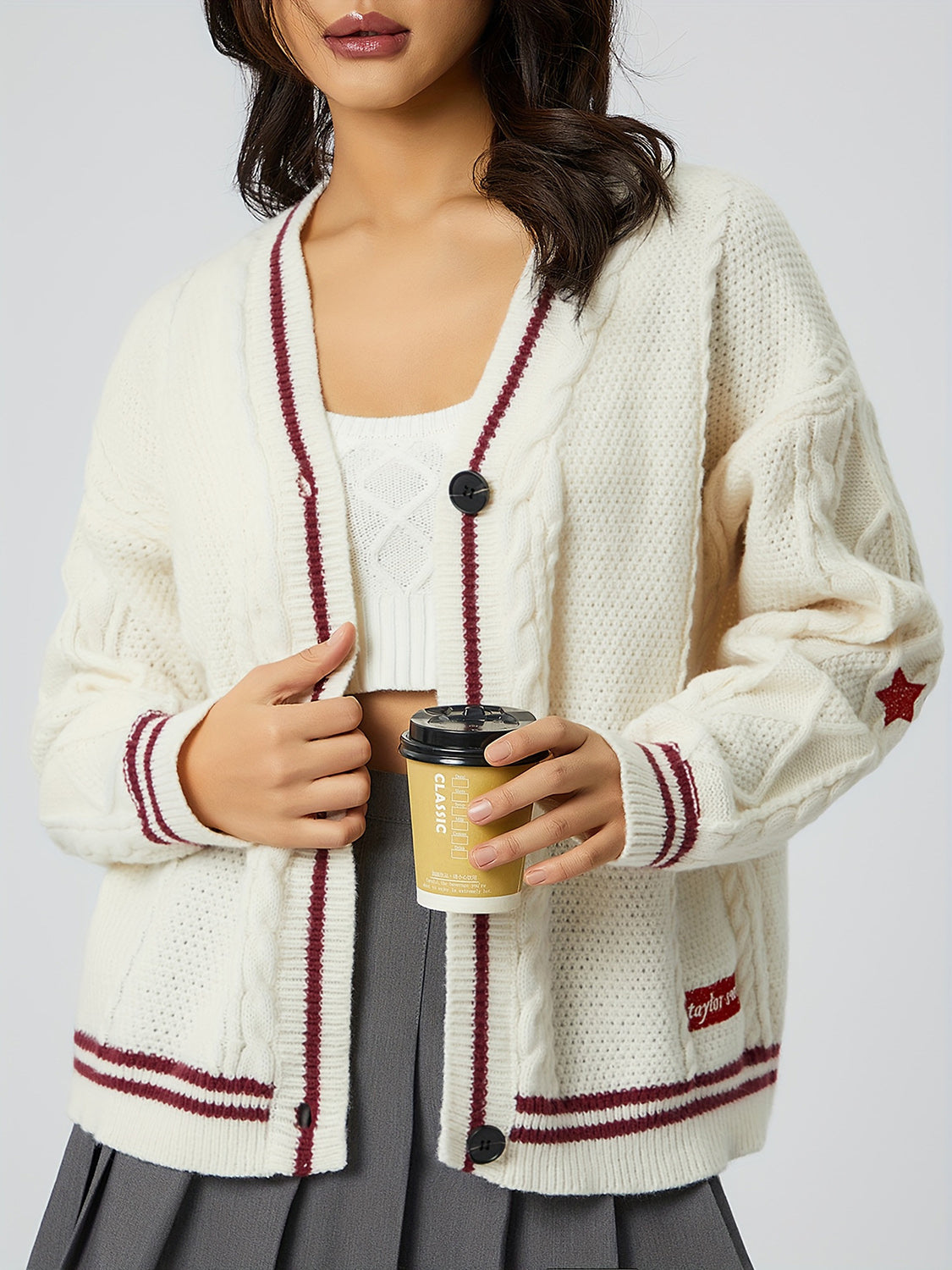 Star Embroidered V-Neck Long Sleeve Cardigan-Angel Casuals
