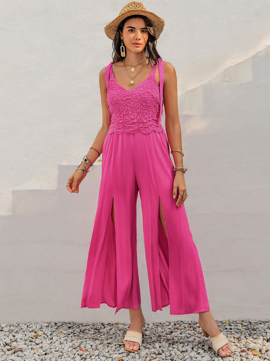 V-Neck Wide Strap Slit Jumpsuit-Angel Casuals