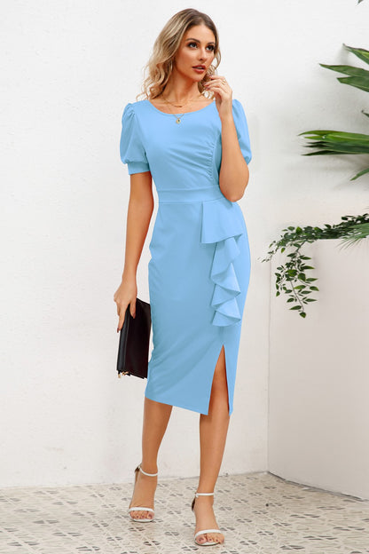 Slit Ruffled Puff Sleeve Midi Dress-Angel Casuals