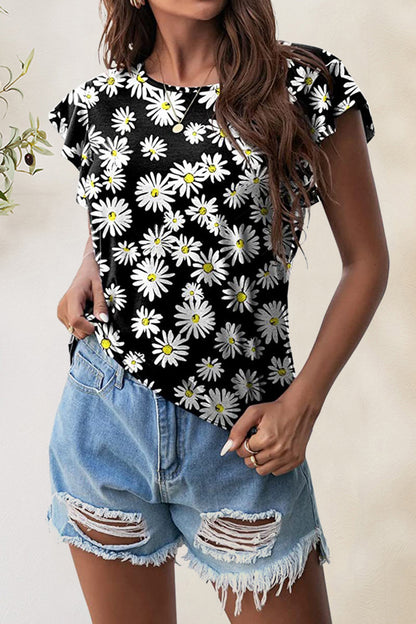 Printed Round Neck Short Sleeve T-Shirt-Angel Casuals