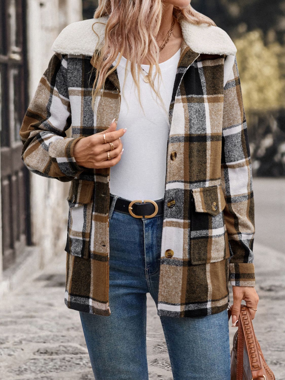 Perfee Pocketed Plaid Button Up Collared Neck Jacket-Angel Casuals