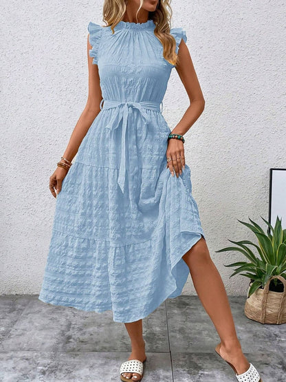 Tied Ruffled Cap Sleeve Midi Dress-Angel Casuals