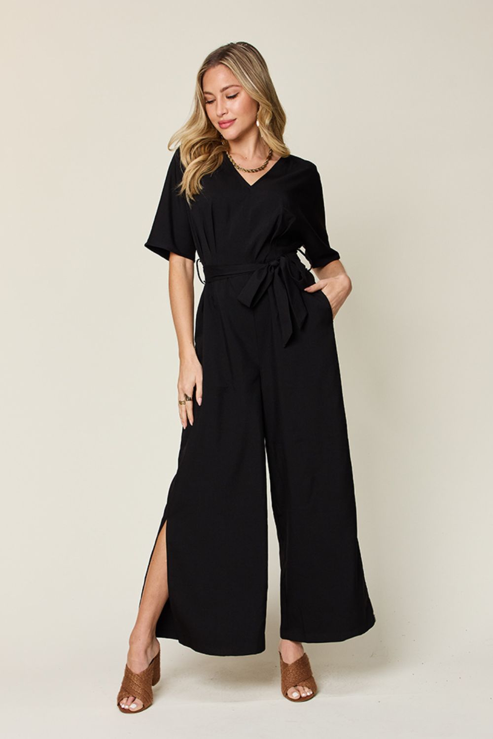 Double Take Full Size V-Neck Tie Front Short Sleeve Slit Jumpsuit-Angel Casuals