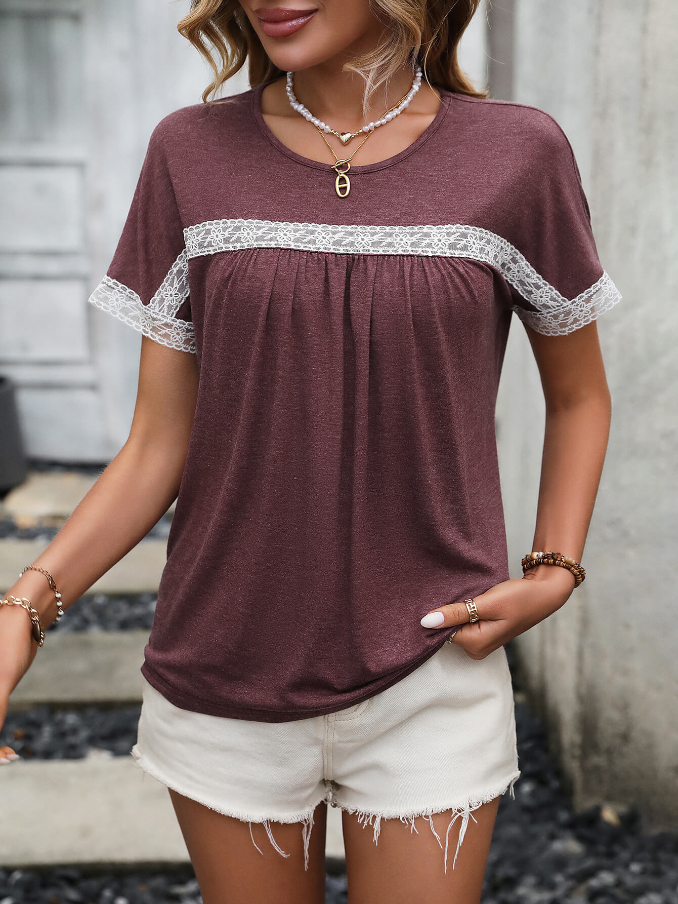 Contrast Round Neck Short Sleeve Tee-Angel Casuals