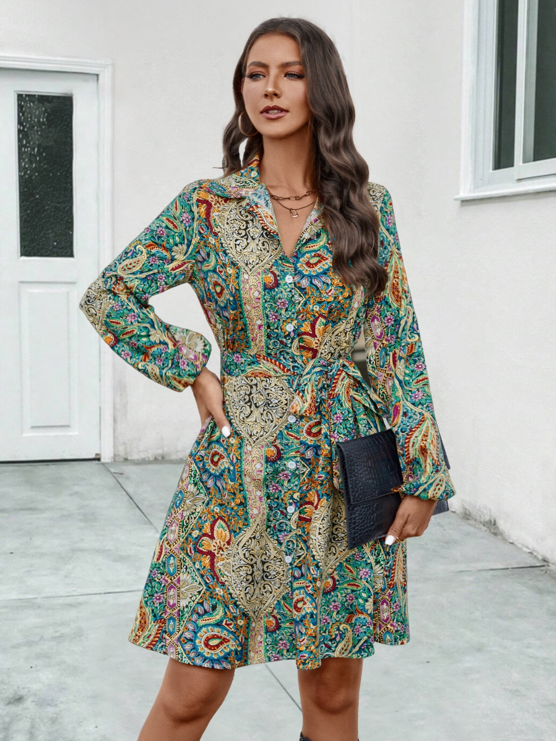 Printed Collared Neck Long Sleeve Dress-Angel Casuals