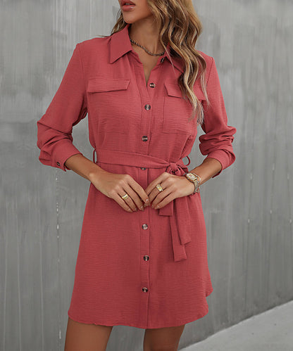 Button Down Belted Long Sleeve Shirt Dress-Angel Casuals