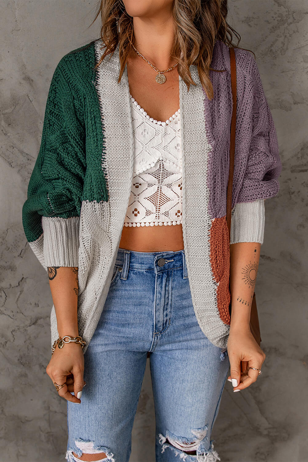 Woven Right Color Block Cable-Knit Batwing Sleeve Cardigan-Angel Casuals