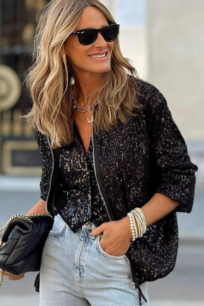 Sequin Zip Up Long Sleeve Jacket-Angel Casuals