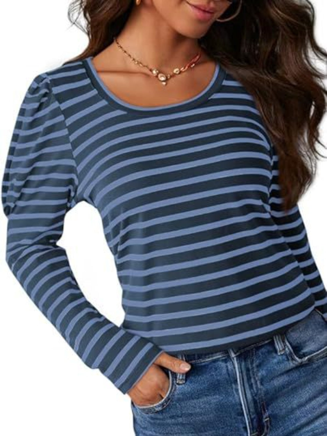 Striped Round Neck Long Sleeve T-Shirt-Angel Casuals