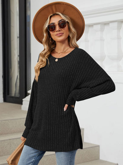 Ribbed Round Neck Long Sleeve T-Shirt-Angel Casuals