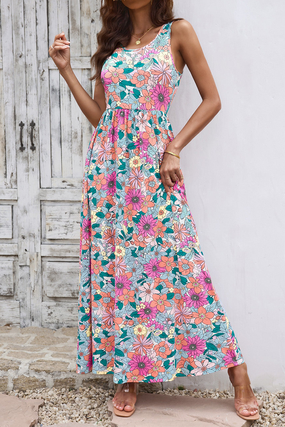 Round Neck Sleeveless Maxi Dress with Pockets-Angel Casuals