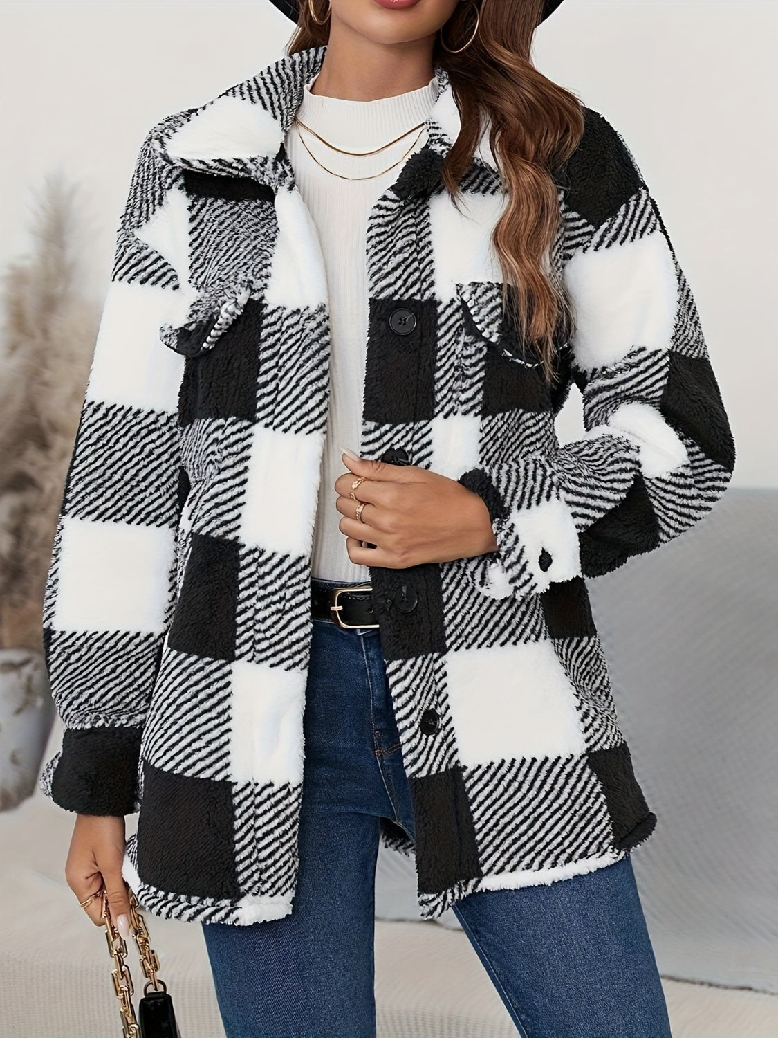 Plaid Button Up Long Sleeve Fuzzy Outerwear-Angel Casuals