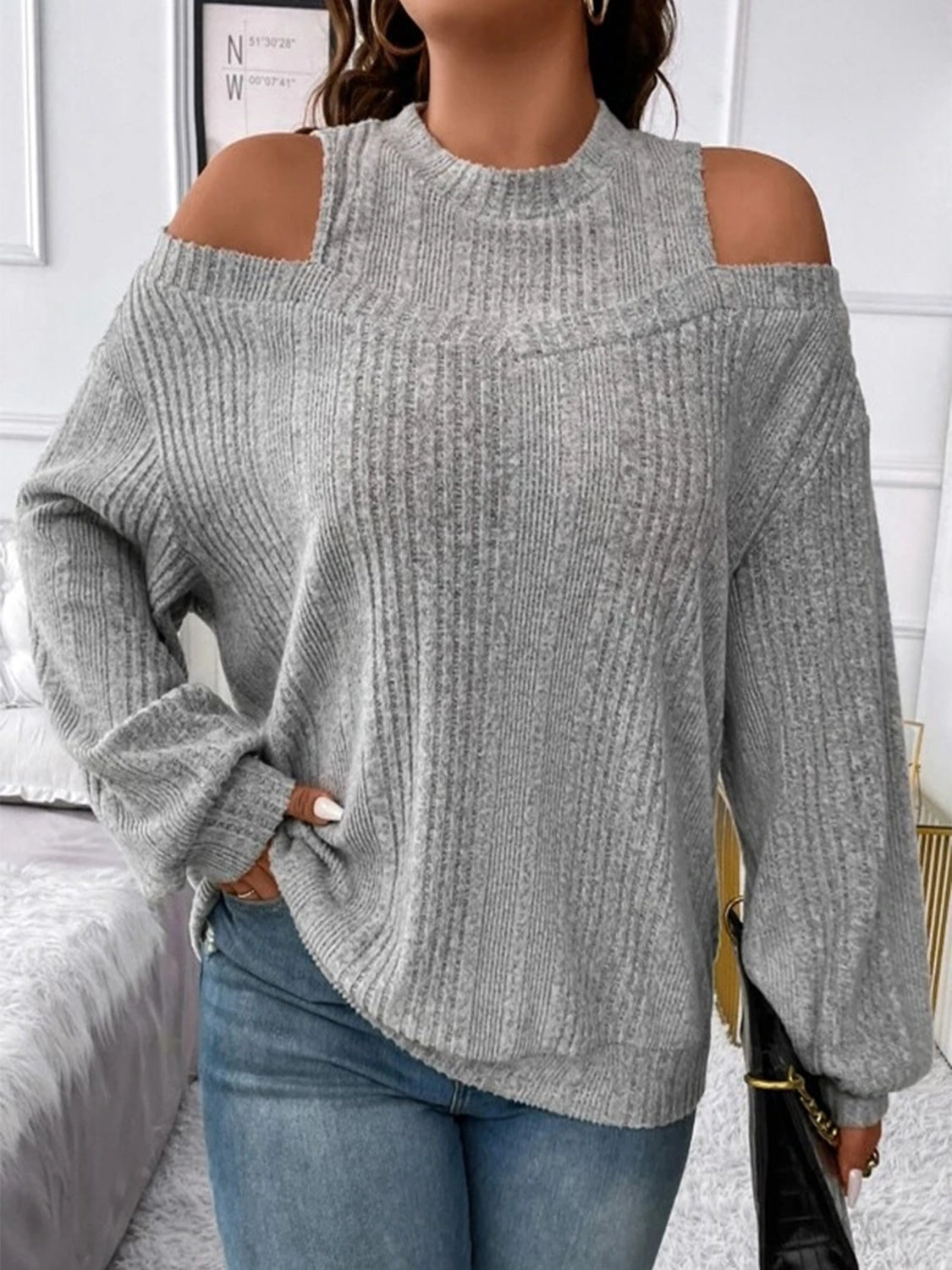 Round Neck Cold Shoulder Sweater-Angel Casuals