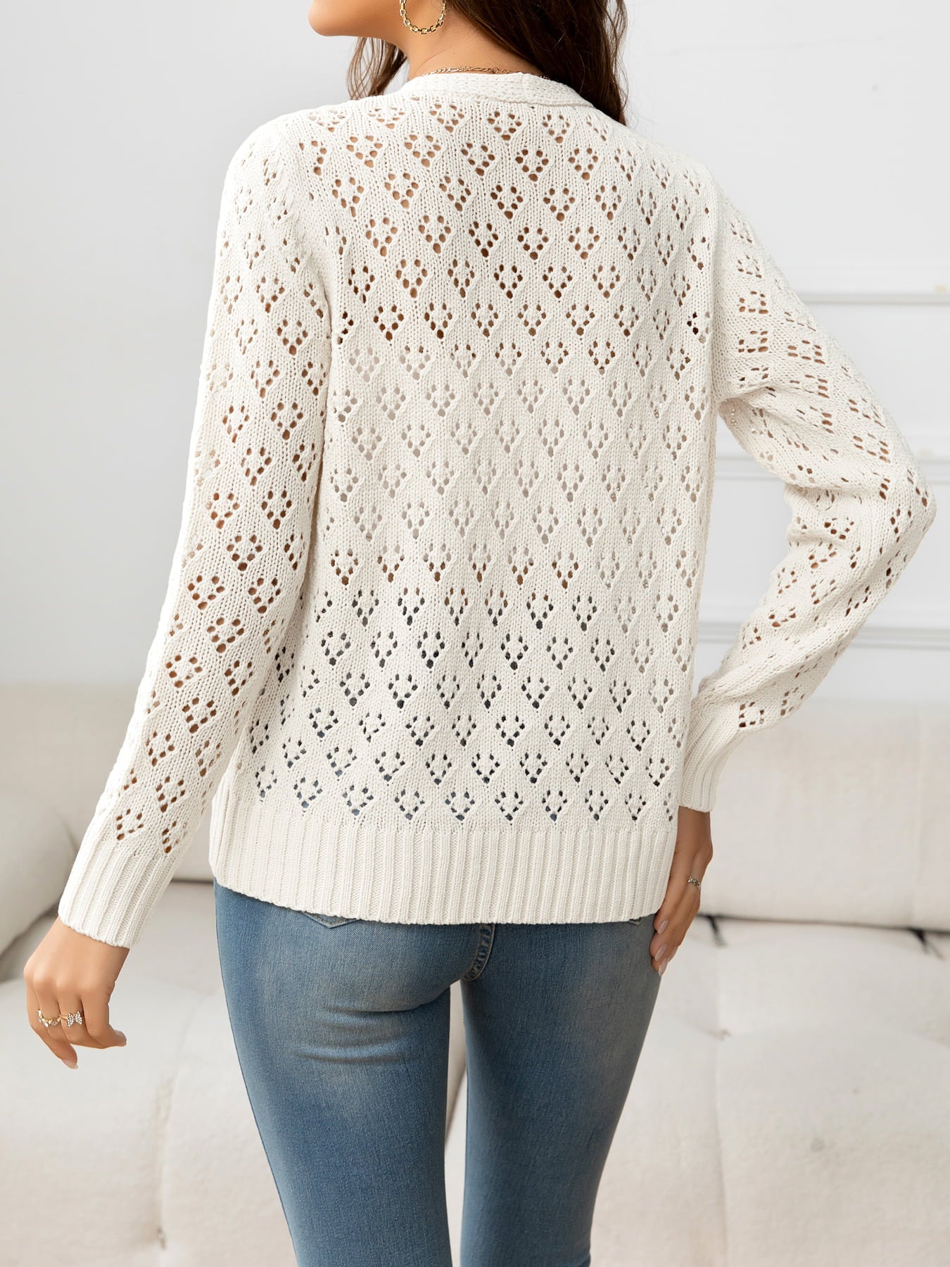 Openwork V-Neck Buttoned Knit Top-Angel Casuals