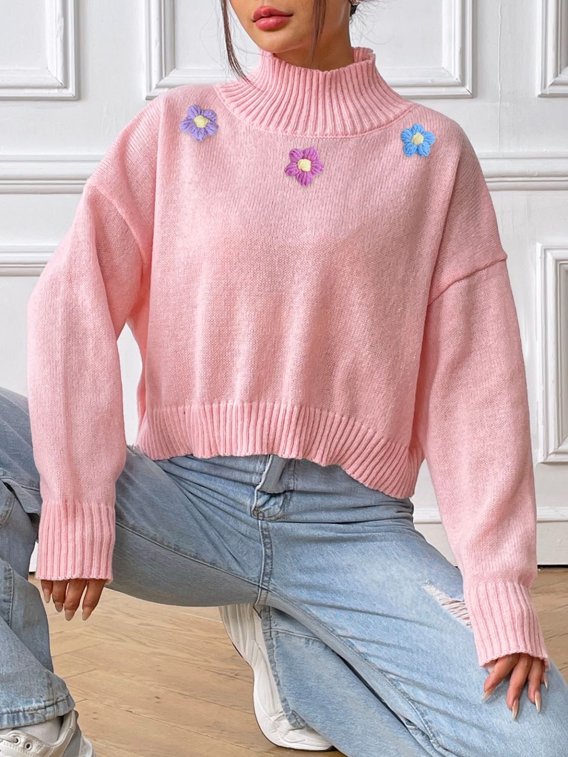 Flower Turtleneck Long Sleeve Sweater-Angel Casuals