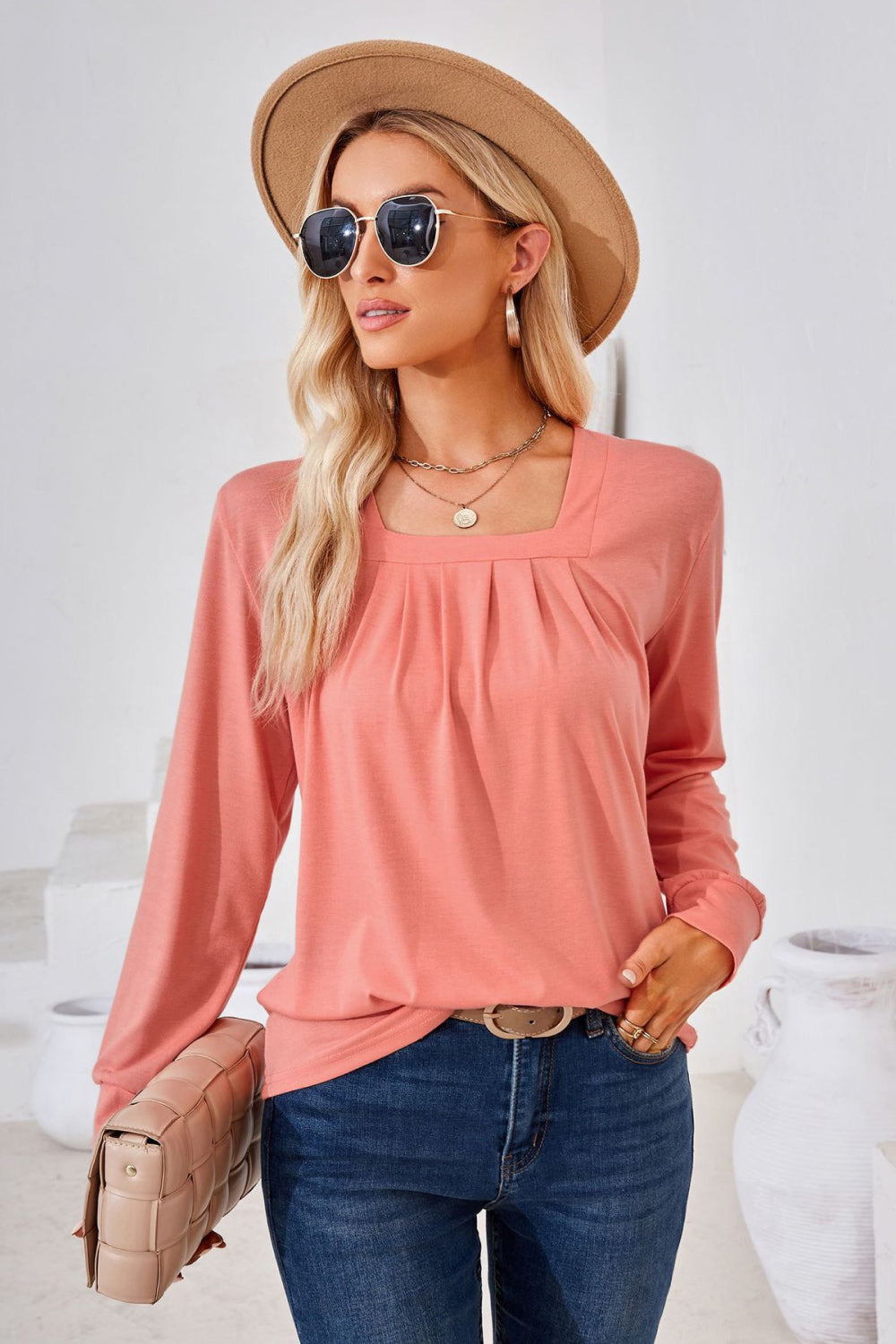 Square Neck Ruched Long Sleeve Blouse-Angel Casuals