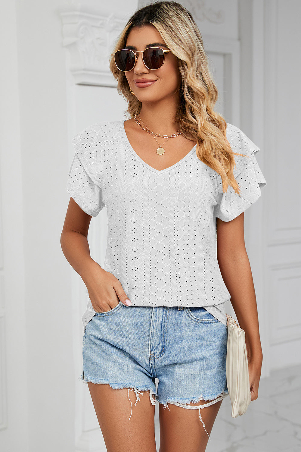 Eyelet V-Neck Short Sleeve T-Shirt-Angel Casuals
