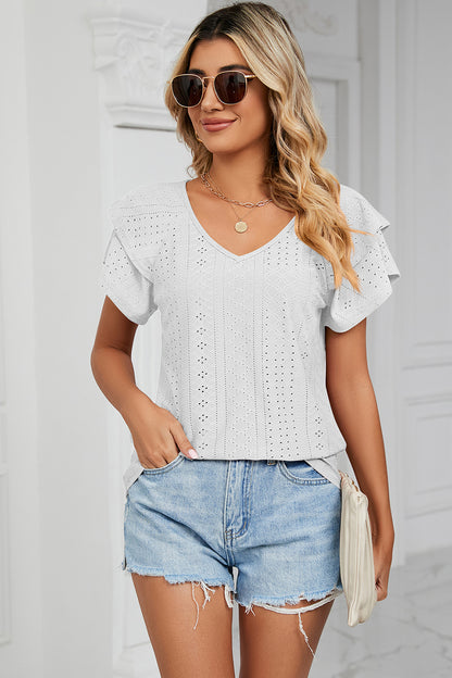 Eyelet V-Neck Short Sleeve T-Shirt-Angel Casuals
