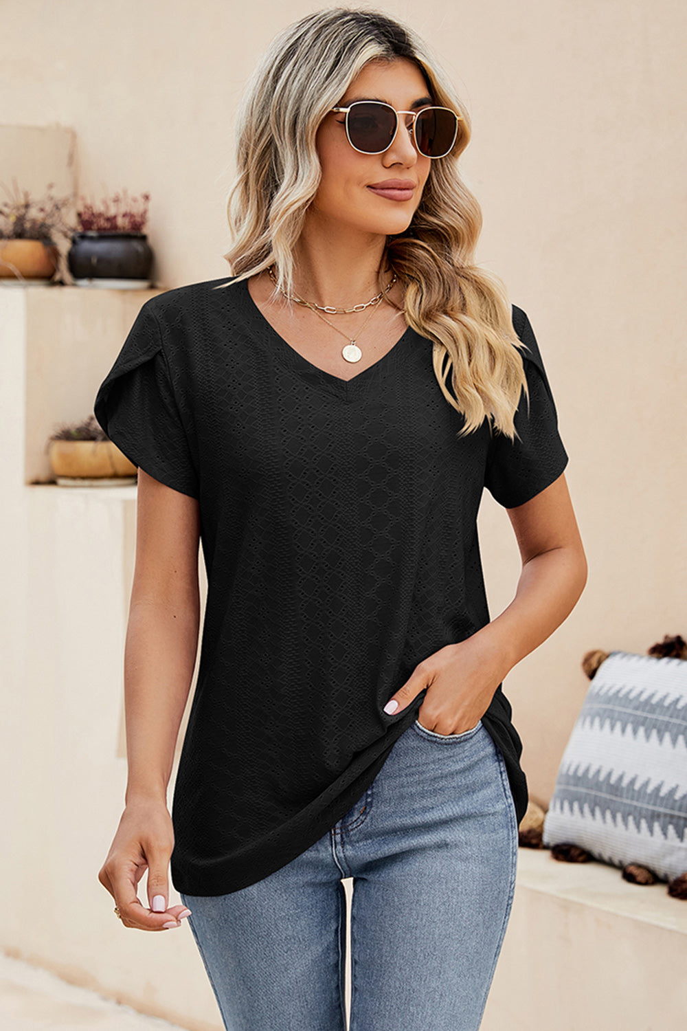 Eyelet V-Neck Petal Sleeve T-Shirt-Angel Casuals