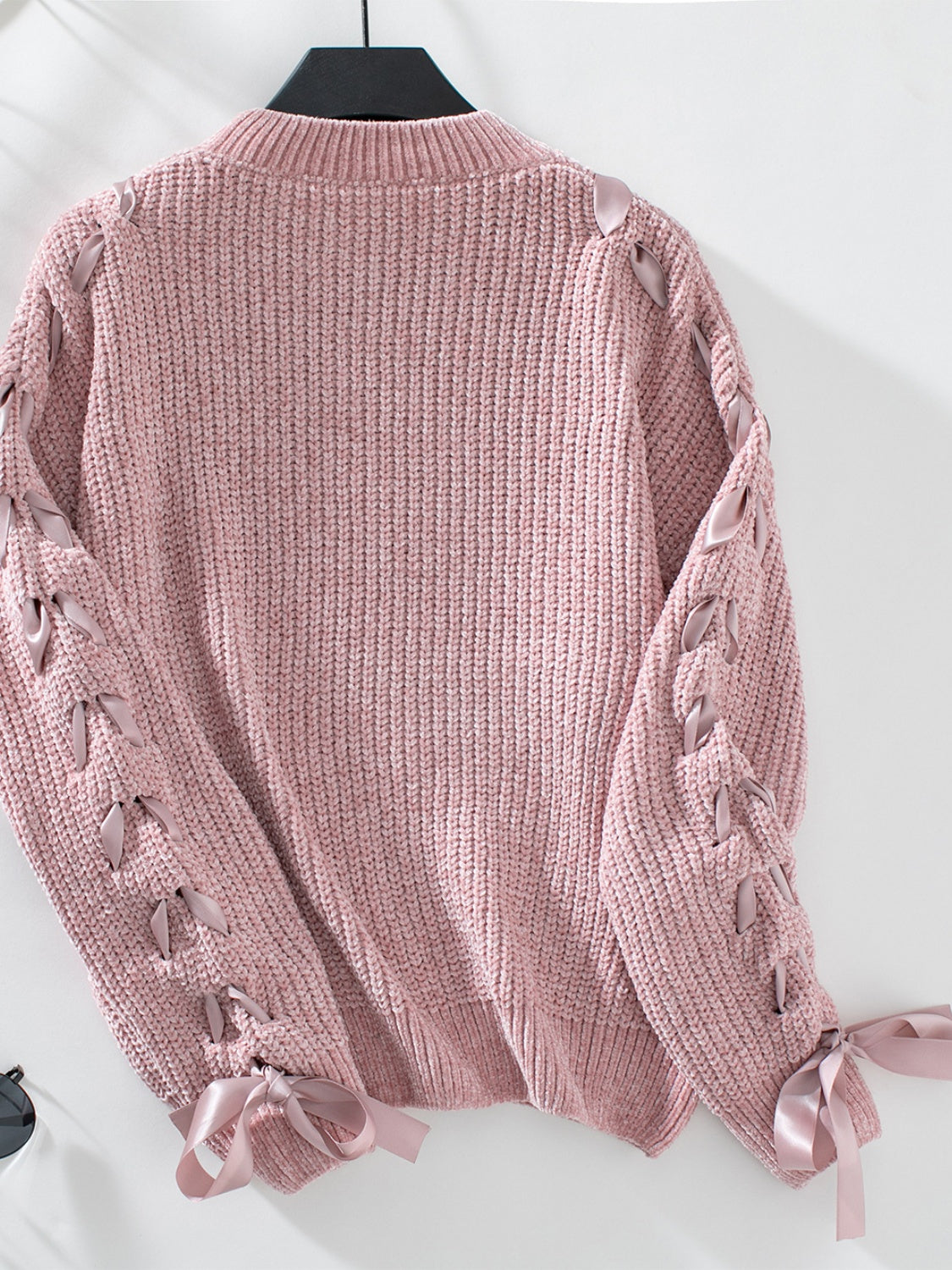 Lace Up Round Neck Long Sleeve Sweater-Angel Casuals